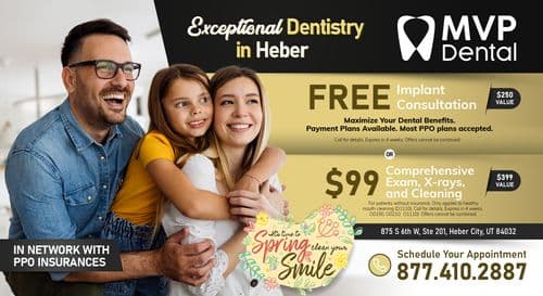 This vibrant MVP Dental postcard, designed for a family-oriented audience, features a cheerful family moment captured in high-resolution. A father wearing glasses and a blue denim shirt joyfully holds his young daughter in a yellow shirt, while the mother, in a white blouse, embraces them both with a radiant smile. The postcard's background combines a sleek, modern kitchen setting with promotional text over a golden banner that reads Exceptional Dentistry in Heber. It advertises two special offers: a FREE Implant Consultation valued at $250, and a Comprehensive Exam, X-rays, and Cleaning for $99, contrasting against the regular value of $399. Highlighting their convenience, the text notes the clinic's network with PPO insurances and mentions the clinic’s location in Heber City, Utah, with the contact details boldly listed for easy access. A floral graphic with the text It’s time to spring clean your smile adds a playful touch to the seasonal promotion, making the postcard not only informative but visually engaging.