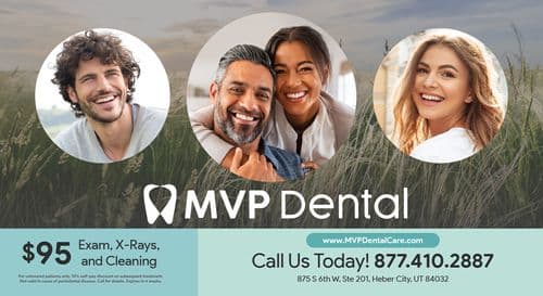 This MVP Dental promotional postcard features a serene, nature-inspired background with tall grass and a clear sky, highlighting dental services in a comforting and inviting way. The postcard showcases four smiling, happy faces in circular frames, representing diverse patients— a young man with curly hair, an older couple smiling together, and a young woman with long, flowing hair—all exuding joy and dental health. Prominently displayed at the bottom is an offer of $95 Exam, X-Rays, and Cleaning specifically aimed at uninsured patients, emphasizing affordability and accessibility. The MVP Dental logo is placed at the top left, reinforcing brand identity. The bottom of the postcard includes a call to action with the dental office’s contact information, Call Us Today! 877.410.2887 and the address 875 S 6th W, Ste 201, Heber City, UT 84032 along with the website www.MVPDentalCare.com for easy appointment scheduling, illustrating the clinic's readiness to welcome new patients and provide excellent dental care.