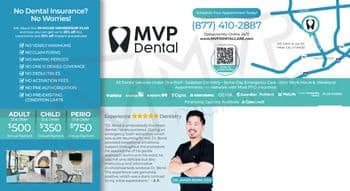This MVP Dental postcard highlights their in-house membership plan, offering a solution for those without dental insurance. The left side lists plan benefits like No Yearly Maximums and No Claim Forms against a teal background, with specific rates for adults, children, and periodontal care. The center features a portrait of Dr. James Bond, DDS, with a positive testimonial from a patient about his gentle and informative approach. The right side shows a map pinpointing the clinic's location in Heber City, contact information, and logos of accepted insurance providers, emphasizing convenience and accessibility.