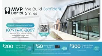 This MVP Dental postcard promotes their dental services with a modern design. The top features a large, stylish logo with the tagline We Build Confident Smiles. A high-quality image of the clinic’s sleek exterior architecture occupies the right side. Below, three promotional offers are displayed: $200 for Exam, X-Rays & Cleaning, a $50 Amazon Gift Card with in-house Membership Plan enrollment, and $300 for Exam, X-Rays & Extraction. Key details like the contact number, website, and a QR code for more information are prominently placed for easy access. The background has a faint overlay of a dental tool, subtly enhancing the theme.