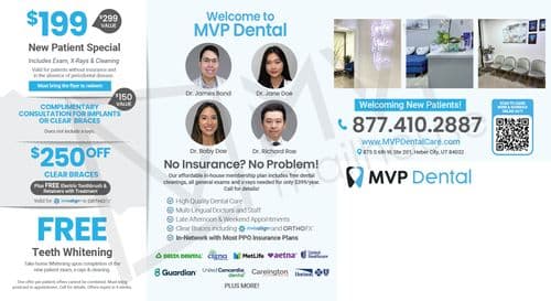 This promotional postcard for MVP Dental presents a range of offers and information designed to attract new patients to their practice. On the left side of the postcard, it features deals such as a $199 New Patient Special that includes an exam, X-rays, and cleaning, highlighted with a blue background. Additionally, there's an offer for $250 Off Clear Braces and a complimentary consultation for implants or clear braces, along with a bonus of a free electric toothbrush and retainers with treatment. In the center, the postcard introduces the MVP Dental team with professional headshots and names of four dentists, including Dr. James Bond and Dr. Jane Doe, set against a clean, white background. The right side of the postcard shows the welcoming, modern interior of their dental office, including a reception area and waiting room, both designed to create a comfortable atmosphere for patients. The card emphasizes that no insurance is needed to access their services, with a special membership plan advertised. Contact information, a QR code for easy appointment scheduling, and the clinic's address in Heber City, Utah, are prominently displayed along the bottom. This postcard effectively combines detailed offers with visual elements to convey a message of accessibility and high-quality dental care.