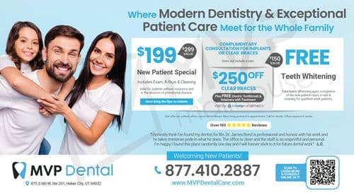 This vibrant and informative postcard from MVP Dental showcases their offerings under the theme Where Modern Dentistry & Exceptional Patient Care Meet for the Whole Family. The postcard features a joyful family of three—father, mother, and daughter—smiling broadly, emphasizing the friendly and familial atmosphere of the clinic. It promotes various dental deals, including a $199 New Patient Special that includes an exam, X-rays, and cleaning, and a $250 Off Clear Braces offer with a complimentary consultation for implants or clear braces. Additionally, it advertises a Free Teeth Whitening service, provided upon completion of qualifying treatments. The design incorporates a clean, light blue background with snippets of customer reviews praising the clinic’s services and environment. Contact information, a QR code for easy scheduling, and the clinic’s address in Heber City, Utah are also prominently displayed. This postcard effectively communicates the clinic's commitment to affordable, high-quality dental care, inviting new patients to experience their services.