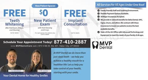 This promotional postcard from MVP Dental Care highlights their dental service offers under a clear and inviting theme. The card features a professional photograph of the MVP Dental team, Dr. James Bond and Dr. Jane Doe, smiling confidently, enhancing the welcoming message of the clinic. On the left side, three promotional offers are neatly displayed in large blue tiles: FREE Teeth Whitening following a paid exam, X-rays, and cleaning; $0 New Patient Exam with paid cleaning and X-rays; and FREE Implant Consultation. Each offer is clearly marked with eligibility details and a call for details. The right side of the postcard lists the comprehensive services provided by MVP Dental, emphasizing their capacity to cater to all ages with services like family-friendly staff, state-of-the-art technology, and acceptance of all major insurances. The postcard's background blends into a soft, muted image of a harbor, suggesting serenity and stability, resonating with the dental care environment. Prominent contact information and a call to action for scheduling are included at the bottom, ensuring easy access for potential patients. This design combines visual appeal with informative content to effectively communicate the quality and comprehensiveness of care at MVP Dental.