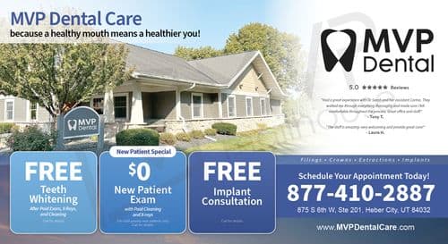 This marketing postcard for MVP Dental Care features a welcoming and professional appearance to emphasize the clinic’s commitment to oral health as a component of overall well-being. The postcard showcases a clear, sunny day view of the dental clinic’s charming and inviting facade, characterized by its neutral colors and cottage-like architecture, surrounded by mature trees and a well-manicured lawn. Above the image, a banner proclaims, MVP Dental Care because a healthy mouth means a healthier you! Underneath this slogan, three promotional offers are highlighted in blue tiles: FREE Teeth Whitening after a paid exam, X-rays, and cleaning; $0 New Patient Exam with paid cleaning and X-rays; and FREE Implant Consultation. Each offer includes a call to action for more details. The lower section of the postcard features customer testimonials praising the clinic's staff and services, enhancing the clinic’s credibility. On the right side, essential contact information, including the phone number and website, is prominently displayed along with the physical address, inviting potential patients to schedule their appointments. This design effectively uses visual and textual elements to communicate the value and care provided by MVP Dental.