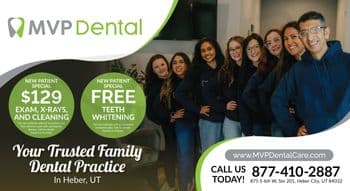 This promotional postcard from MVP Dental features vibrant visuals and compelling offers to attract new patients. On the left side, there are two large, circular, green icons presenting special offers: one for a New Patient Special at $129 which includes an exam, X-rays, and cleaning, and another offering FREE Teeth Whitening for new patients who complete a treatment plan. Both offers include specifics on eligibility and expiration. The center and right portions of the postcard are dominated by a group photo of six smiling dental staff members—representing a diverse team including Caucasian, South Asian, and Hispanic individuals—all wearing navy blue MVP Dental branded hoodies, suggesting a friendly and welcoming environment. The backdrop of the clinic’s modern interior subtly supports the text overlay Your Trusted Family Dental Practice in Heber, UT, reinforcing the community-oriented and accessible nature of the clinic. The bottom of the postcard includes a bold call to action with the clinic's phone number and website, encouraging immediate contact. The overall design uses a sleek, professional aesthetic with a focus on approachability and care, making it clear that MVP Dental values both quality service and patient satisfaction.