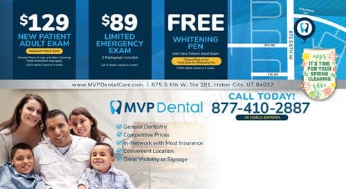 This postcard from MVP Dental advertises multiple promotional offers. The left side of the postcard features a photograph of a smiling family of five, portraying a Hispanic couple and their three children, representing the family-friendly atmosphere of the clinic. Above the family photo, the postcard showcases two promotional offers in a clean, organized layout. The first offer is $129 NEW PATIENT ADULT EXAM highlighted in large white and blue numbers with a subtitle indicating the regular price of $400. This includes an exam, X-rays, and basic cleaning with a note that some restrictions may apply. Beside this, a second offer states $89 LIMITED EMERGENCY EXAM, which includes one radiograph, described in a matching style but with smaller text. On the right side, a third section states FREE WHITENING PEN with a new patient adult exam, instructing patients to present the flyer at the front desk. This offer area uses a larger, eye-catching blue and white design to stand out. Below these, the postcard includes a city map highlighting the clinic's location at 875 S 6th W, Ste 201, Heber City, UT 84032, marked by a prominent pin icon. A whimsical sticker-like graphic to the right reads IT'S TIME FOR YOUR SPRING CLEANING, adding a playful touch to the promotions. The bottom of the postcard prominently displays the clinic's contact information, including the website URL, physical address, and a large call to action CALL TODAY! with the phone number and SE HABLA ESPAÑOL to appeal to Spanish-speaking patients.