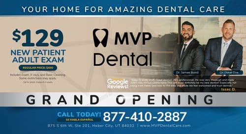 This promotional postcard from MVP Dental highlights their Grand Opening and invites new patients with an appealing offer. The postcard features a bold, stylish design with a large header YOUR HOME FOR AMAZING DENTAL CARE in elegant, capitalized lettering against a light background. Prominently displayed in the center is a special offer: $129 NEW PATIENT ADULT EXAM which includes an exam, X-rays, and basic cleaning, noted below the original price of $400. The MVP Dental logo is positioned at the top left corner, signifying the brand. To the right, a positive Google review from a satisfied customer named Issac D. praises the dental office for its friendly staff and professional service. On the right side of the postcard, professional portraits of Dr. James Bond and Dr. Steve Doe, both smartly dressed in business attire, convey trust and professionalism. They are superimposed over an image of the dental office exterior, suggesting a modern and welcoming environment. The bottom section of the postcard features a bold blue stripe with the text GRAND OPENING and contact details, including a call to action to CALL TODAY! and the phone number, prominently displayed along with the office address and website link. A small tagline notes that Spanish language service is available, indicated by SE HABLA ESPAÑOL.