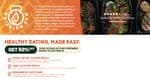 This informative postcard from MVP Nutrition showcases their Healthy Eating, Made Easy. campaign. The left side features the MVP Nutrition logo with a background of radiant orange and describes their 3-month lifestyle reset program, focusing on color tracking and intuitive eating, supported by bi-weekly video meetings and weekly check-ins. The right side highlights their offer of 50% off your first box of chef-prepared, ready-to-eat meals, illustrated with high-quality images of fresh, never-frozen meals including assorted dishes such as vegetables and meats. The postcard also touts the meals as chef-crafted and designed by dietitians, promising freshness and quality, appealing to health-conscious consumers.
