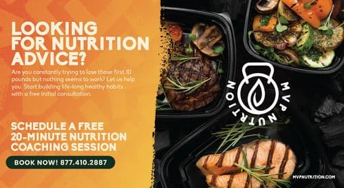 This promotional postcard from MVP Nutrition is designed to attract attention with its vibrant, nutrition-focused imagery and compelling offer. The left side of the card features bold, splashy orange graphics with text that reads LOOKING FOR NUTRITION ADVICE? and offers a free 20-minute nutrition coaching session. The right side displays appealing food images including grilled steak and a salad of grilled vegetables, symbolizing the nutritious offerings available. The MVP Nutrition logo, a stylized droplet with a flame, is prominently displayed alongside contact information and a call to action to book a consultation. The overall design is sleek and professional, emphasizing health and wellness.