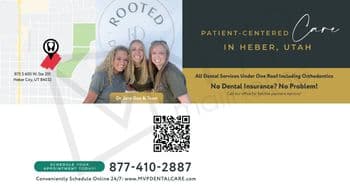 This promotional postcard from MVP Dental focuses on patient-centered care in Heber, Utah. The left side of the card features a location map highlighting the office at 875 S 600 W, Suite 201, Heber City, UT 84032, marked with a pinpoint icon. Adjacent to the map, a photo of Dr. Jane Doe and her team, three smiling women in casual attire, reinforces the friendly and welcoming atmosphere of the clinic. The right side of the card uses a gradient from dark gray to gold, hosting elegant script text stating 'Patient-Centered Care' and solid text beneath emphasizing the comprehensive range of dental services offered, including orthodontics, and flexible payment options for those without insurance. The bottom of the card invites viewers to schedule an appointment and provides contact information, including a phone number, website, and a QR code for easy access.