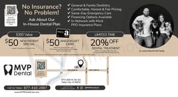 This promotional postcard for MVP Dental showcases a multifaceted approach to dental care affordability and accessibility. The layout is sleek and modern, dominated by shades of black, gray, and white with gold accents providing a classy touch. On the left side, key offers are highlighted: a $50 New Patient Special which includes a comprehensive exam and X-rays, a $50 Amazon Gift Card offer for new patients who use PPO insurance, and a 20% Off Dental Treatment limited-time discount for new patients without insurance. Each offer is set against a circular gray backdrop which helps to visually separate and emphasize them. The right side of the postcard features a warm, inviting grayscale family portrait of Dr. James Bond and his family, including their three pets, which personalizes the business and underscores their family-oriented service. The lower section includes essential contact information and an encouragement to follow their social media platforms, enhancing engagement. This design cleverly balances promotional content with personal touches to attract new patients while portraying a welcoming community image.