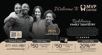 This promotional postcard from MVP Dental presents a welcoming message with a contemporary and family-oriented design. It features a grayscale image of a diverse family of four smiling happily, with the mother and father embracing their two children, a girl and a boy. Prominently displayed text Welcome To MVP Dental and Redefining Family Dentistry set against a black and white aesthetic, underline the clinic's focus on family dental care. The card offers several promotions: a New Patient Special for $50, which includes a comprehensive exam and X-rays, and a $50 Amazon gift card valid for new patients using PPO insurance after their initial visit. Additionally, a limited-time offer provides 20% off dental treatment. A testimonial from a satisfied customer, A.P., adds a personal touch, praising Dr. Bond's care and the warm, welcoming staff. The card also includes a QR code for easy scheduling, the clinic's contact number, and their website for more information, emphasizing convenience and accessibility. This design merges professional healthcare promotion with a personal and inviting family image, aiming to attract new patients to experience their high-quality dental services.