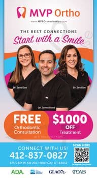 Vertical promotional postcard for MVP Ortho featuring portraits of three smiling orthodontists: Dr. Jane Doe, Dr. James Bond, and Dr. Jen Doe, displayed in a vibrant pink, blue, and orange layout. The headline 'The Best Connections Start with a Smile' is placed above the images. The card offers a 'FREE Orthodontic Consultation' and '$1000 OFF Treatment', with details and expiry noted beneath. A QR code for more information is located at the bottom right. Contact details are provided with phone number and address. Logos for dental associations like ADA, AAO, and GLAO are featured at the bottom.