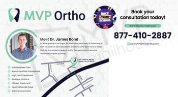 This postcard for MVP Ortho features an engaging design highlighting Dr. James Bond, a board-certified orthodontist. On the left, a circle frames Dr. Bond's smiling photo, set against a subtle geometric background, emphasizing his connection to the Heber City community where he grew up. Beside the image, the card details Dr. Bond's professional commitment and the personalized care offered at his practice, using icons for individualized care, high-tech equipment, and a warm environment. The right side includes a playful circular badge promoting a 'Back-Tooth School' event, urging to book a consultation today. The card also features the contact number and website for easy scheduling.