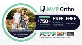 This promotional postcard for MVP Ortho features a family portrait with two parents and three young children in an outdoor setting. The left side of the postcard includes a quote from a satisfied customer, Brooks H., praising Dr. Bond. The right side highlights special offers including '$750 OFF Comprehensive Treatment', 'FREE Whitening Pen with New Patient Exam', and 'FREE Consultation'. The design incorporates green and blue curved graphics, suggesting a friendly and welcoming service. Contact information and the clinic's website are prominently displayed at the bottom.