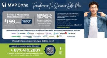 This Spanish language promotional postcard from MVP Ortho features a cheerful young man pointing to his clear aligners, encouraging the viewer to 'Transforma Tu Sonrisa Este Mes' (Transform Your Smile This Month). The postcard offers braces or clear aligners for just $199 per month, with a saving of up to $1200 advertised. It highlights the availability of a free consultation, which can be virtual or in-office. The postcard details MVP Ortho's acceptance of most dental insurance plans, including North Carolina Medicaid, with various insurance logos like Aetna, Guardian, and Cigna displayed. Additional services such as remote dental monitoring, flexible financing through CareCredit, and a focus on orthodontic treatment for children, teens, and adults are also mentioned, emphasizing their state’s top-rated and 5-star status.