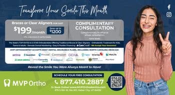 This promotional postcard from MVP Ortho is designed to catch the eye with its vibrant blue and green color scheme and a happy young woman with braces on the right, making a peace sign. The postcard is headlined 'Transform Your Smile This Month' and offers braces or clear aligners for just $199 per month, with potential savings of up to $1200. A complimentary consultation is also advertised, which can be conducted in-office or virtually. The postcard highlights the practice's acceptance of most dental insurance plans, including North Carolina Medicaid, and its credentials as a top-rated and 5-star orthodontist for traditional braces and clear aligners. The practice’s various accepted insurance providers like Aetna, Guardian, and more are prominently displayed along the bottom. A QR code on the right side encourages scanning for more information.