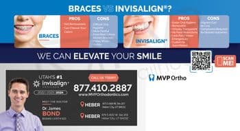 This educational postcard from MVP Ortho compares braces and Invisalign with a clear, visually engaging design. On the left, a close-up image of a smiling woman wearing metal braces is paired with a list of pros and cons, emphasizing customization and durability against challenges like oral hygiene and discomfort. On the right, a close-up of a smiling woman wearing Invisalign aligners highlights benefits like easier hygiene and less pain, and cons such as the possibility of losing aligners. The central message 'WE CAN ELEVATE YOUR SMILE' is prominently displayed. Below this, a professional photo of Dr. James Bond, labeled as Utah's #1 Invisalign provider, adds a personal touch. Contact information, including a phone number and website, encourages immediate action, and a QR code invites scanning for more information. This postcard effectively promotes MVP Ortho's services while informing potential patients about their orthodontic options.