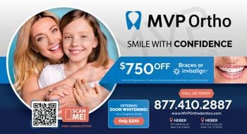 This promotional postcard from MVP Ortho is vibrant and engaging, aiming to instill confidence in potential clients. It features a smiling woman and young girl, both with bright, healthy teeth, representing the transformative potential of orthodontic care. The postcard highlights a special offer with '$750 OFF Braces or Invisalign,' emphasizing affordability and accessibility. The blue and white color scheme projects a clean, professional look, matching the logo of MVP Ortho prominently displayed at the top right. Additional offers include Zoom Whitening for $250, enhancing the appeal for comprehensive dental treatment. A QR code for easy scanning and a call to action with the clinic’s phone number and website encourage immediate engagement from prospective patients.