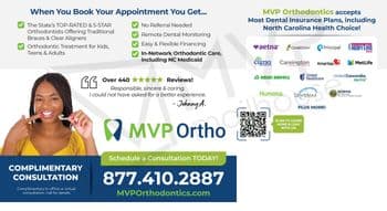This informative postcard from MVP Ortho features a vibrant green and blue design emphasizing their orthodontic services. On the left side, a smiling African American young woman with braided hair, pointing to her clear aligners, represents the friendly and welcoming nature of the clinic. The postcard lists the benefits of booking an appointment, such as no referral needed, remote dental monitoring, and flexible financing options. The right side of the postcard highlights the various dental insurance plans accepted by MVP Ortho, including North Carolina Health Choice, with logos from various insurers like Aetna, Cigna, and Delta Dental displayed. A QR code for further information or to chat with MVP Ortho is also prominently shown.