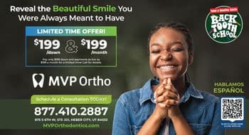 This vibrant promotional postcard from MVP Ortho features a joyous young African American girl with braces, smiling broadly on the right side, promoting a Back to School healthy smile campaign. The left side of the postcard emphasizes a limited-time orthodontic offer, with $199 down and $199/month prominently displayed against a dark background, accompanied by the MVP Ortho logo. Text encourages viewers to Reveal the Beautiful Smile You Were Always Meant to Have and includes contact information and a QR code for scheduling a consultation. A tagline notes the business's bilingual service with Hablamos Español. The design is dynamic, with green and blue elements that match the cheerfulness and optimism of the featured smiling girl.