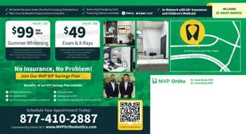 This promotional postcard from MVP Ortho emphasizes affordability and accessibility in dental care, showcasing various services and discounts. The left side features two offers: 'Summer Whitening for $99 per arch' and 'Exam & X-Rays for $49,' both with green and blue accents respectively. Centered on the card are images of the sleek, modern interior of the dental office, including a treatment room, a waiting area, and a private consultation room. The right side displays a map highlighting the location in Heber City, UT, along with details of being 'In-Network with 60+ Insurances and Children’s Medicaid.' The card also introduces Dr. Jame Bond, DDS, and Dr. Jems Bond, DDS, against a backdrop of green and details of a VIP savings plan offering no insurance hassles and immediate eligibility.