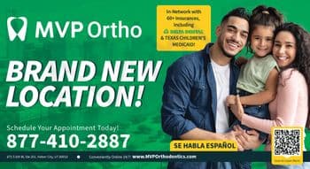 This vibrant promotional postcard from MVP Ortho announces a 'BRAND NEW LOCATION!' with a lively green background blending into a cityscape. The postcard prominently displays the MVP Ortho logo in the upper left corner. Featured on the right are three smiling family members: a young man, a young woman, and a little girl, all looking cheerful and closely embracing each other, embodying a happy and healthy family dynamic. Text highlights include 'In-Network with 60+ Insurances, Including Delta Dental & Texas Children’s Medicaid!' and contact details for scheduling appointments, with an emphasis on accessibility in Spanish (SE HABLA ESPAÑOL) and a QR code for more information.