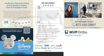 This promotional postcard for MVP Ortho features several elements promoting the orthodontic practice. The left side displays a vibrant illustration showcasing fun bracket options available at MVP Ortho, including Disney characters and other signature shapes like clear and champagne gold, encouraging patients to customize their dental braces. Below the illustration, a QR code invites viewers to scan and explore these unique WildSmiles bracket options further. The central portion of the card highlights customer testimonials praising the team's professionalism and kindness, accompanied by a list of the advanced orthodontic technologies and services offered, like 3D technology scans and emergency care. On the right side, images of the practice's clean and modern interior invite a welcoming atmosphere, with contact information prominently displayed for scheduling appointments. The overall layout combines informative text with inviting images and modern design to attract potential patients to MVP Ortho.