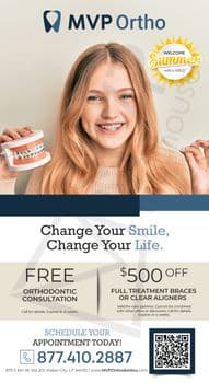 This MVP Ortho promotional postcard features a smiling young girl with blonde hair holding a model of teeth with colorful braces. The postcard has a light beige background with a top banner saying 'WELCOME SUMMER with a SMILE!' highlighted by a radiant sun design. The text 'Change Your Smile, Change Your Life.' emphasizes the transformative impact of their services. Offers include a free orthodontic consultation and $500 off full treatment for braces or clear aligners, detailed with validity and conditions at the bottom. The clinic's contact information and website are listed along with a QR code for easy access to more details. The overall design is cheerful and inviting, aimed at attracting new patients during the summer season.
