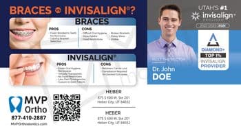This informative postcard from MVP Ortho visually compares the benefits and drawbacks of braces versus Invisalign. The left side of the postcard features two images: the top image shows a close-up of a smiling person wearing traditional metal braces, detailing the pros such as 'Fixed, Bonded to Teeth' and 'Colorful Bracket Selection' and the cons like 'Difficult Oral Hygiene' and 'More Painful'. The bottom image displays another smiling person wearing Invisalign aligners, listing pros like 'Easier Oral Hygiene' and 'Virtually Transparent', and cons such as 'Retainers Can Be Lost' and 'Compliance Required for Desired Outcomes'. The right side of the postcard features Dr. John Doe, identified as 'Utah's #1 Invisalign Provider', smiling confidently, wearing a purple tie, next to the Invisalign logo. His title 'Diamond+ Top 1% Invisalign Provider' reinforces his expertise, accompanied by his contact information below. The overall layout is designed to educate potential patients on their options for orthodontic treatments at MVP Ortho.