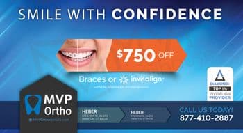 This vibrant postcard from MVP Ortho is designed to inspire confidence with its bold and inviting design. The top of the card features the slogan SMILE WITH CONFIDENCE in large white letters against a dynamic blue background. Below this, the left side shows a close-up of a smiling person wearing traditional metal braces, while the right side highlights another smiling person wearing clear aligners. In the center, a prominent orange banner offers $750 OFF Braces or Invisalign®, clearly stating that this offer cannot be combined with other discounts. The MVP Ortho logo is positioned at the bottom left, along with their Heber City location and contact information. The right side further emphasizes their credential as a 'Diamond+ Top 1% Invisalign Provider,' encouraging potential patients to call today. The overall design is sleek and professional, aiming to attract new patients looking for orthodontic services.