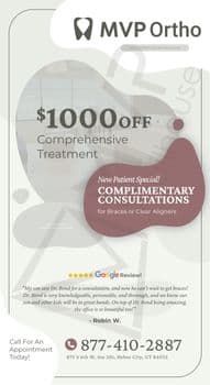 This promotional postcard from MVP Ortho offers a modern and enticing advertisement for orthodontic services. The design is minimalistic, featuring a large, clear $1000 off special offer on comprehensive treatment, prominently displayed against a subtle background of the interior of a clean, well-lit dental office. Below the offer, a special promotion for new patients highlights complimentary consultations for braces or clear aligners. A five-star Google review at the bottom of the card praises Dr. Bond for his knowledgeable and personable approach, noting the beautiful office environment. The postcard includes essential contact information like the phone number, 877-410-2887, and the practice’s address in Heber City, Utah, along with the website URL, www.MVPorthodontics.com. A call-to-action encourages scheduling an appointment today.