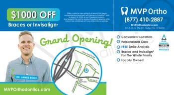 This postcard from MVP Ortho announces a grand opening and a special offer. The backdrop is a bright blue sky gradient, emphasizing a vibrant and fresh start. At the top left, there is a significant promotion: '$1000 OFF Braces or Invisalign®' highlighted in a green banner. Below the promotion, a photo of Dr. James Bond, a cheerful, smiling Caucasian male with blond hair, wearing a blue checked shirt, adds a personal touch. Next to him, large green text announces the 'Grand Opening,' underlined with a green swoosh that directs to the map of the new location depicted below. This map highlights the clinic's location with a pinpoint on '875 S 6th W, Ste 201, Heber City, UT 84032,' surrounded by roads and local landmarks to assist in orientation. To the right, a vertical list emphasizes key benefits like 'Convenient Location,' 'Personalized Care,' 'FREE Smile Analysis,' 'Braces and Invisalign® For The Whole Family,' and 'Locally Owned.' The bottom right corner features the MVP Ortho logo alongside the contact information.
