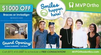 This postcard from MVP Ortho features a promotional offer of $1000 off on Braces or Invisalign. The main title reads 'Smiles happen here!' set against a vibrant green background. It includes a diverse group of happy teenagers smiling in an outdoor setting, promoting a welcoming and youthful image. A secondary image shows the modern and stylish interior of the MVP Ortho office, suggesting a comfortable and advanced treatment environment. Text on the postcard also announces the 'Grand Opening' with limited availability and encourages calling now to schedule a free consultation. The MVP Ortho logo is prominently displayed at the top right, reinforcing brand identity.
