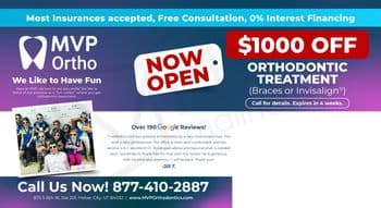 This postcard for MVP Ortho is designed with a gradient background transitioning from a deep navy at the top to a vibrant purple at the bottom. Prominent text at the top reads 'Most Insurances accepted, Free Consultation, 0% Interest Financing' in bold white letters, highlighting the accessibility and affordability of the services. A central feature of the design is a playful message 'We Like to Have Fun' alongside an image of a cheerful team of dental staff in sunglasses, suggesting a fun and welcoming environment. To the right, a large red banner announces 'NOW OPEN' and a significant discount of '$1000 OFF ORTHODONTIC TREATMENT' on Braces or Invisalign®, detailed further with a call to action 'Call for details. Expires in 4 weeks.' Below, there are testimonials praising the service quality, noting over 190 Google Reviews. The bottom of the postcard provides contact information with the phrase 'Call Us Now! 877-410-2887' and the address '875 S 6th W, Ste 201, Heber City, UT 84032' alongside the website URL for MVP Ortho.