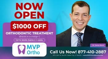 This vibrant postcard promotes the grand opening of MVP Ortho. The background is a bright teal that transitions to blue, symbolizing a fresh and dynamic start. Large, bold red text at the top states 'NOW OPEN,' and a significant promotional offer of '$1000 OFF ORTHODONTIC TREATMENT' is highlighted in a large red and purple tag that overlays the top left, applicable to Braces or Invisalign®. Below this tag, there's a call to action in white text: 'Call for details. Expires in 4 weeks.' On the right side, a friendly portrait of Dr. James Bond, a smiling Caucasian male wearing a dark pinstriped suit and a blue tie with polka dots, reinforces the personal approach of the clinic. The MVP Ortho logo is featured in the bottom left corner along with the contact number '877-410-2887' prominently displayed below the image of Dr. Bond, inviting immediate contact. The clinic's address in Heber City, UT, and the website URL are also clearly listed for easy reference.