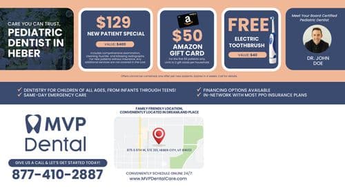 This informative and inviting postcard is designed for MVP Dental, highlighting their pediatric dental services in Heber. The postcard features a serene, blue-green background overlaid with images of smiling children blurred subtly behind the text, conveying a child-friendly atmosphere. It prominently displays various promotional offers, including a $129 New Patient Special that encompasses a comprehensive examination, cleaning, and fluoride treatment, emphasizing its value of $400. Additional offers include a $50 Amazon Gift Card for the first 50 patients and a FREE Electric Toothbrush valued at $40, aiming to attract families. A portrait of Dr. John Doe, described as a Board Certified Pediatric Dentist, lends a personal touch and credibility. The postcard also lists key attributes of the clinic like offering dentistry for all ages from infants through teens, same-day emergency care, and being in-network with most PPO insurance plans. It ensures accessibility and convenience with a clear call to action for scheduling appointments and a map pinpointing the clinic's location at 875 S 6th W, Ste 201, Heber City, UT 84032, alongside contact information and a website URL. The design effectively balances promotional content with essential service information, making it a valuable tool for patient outreach.