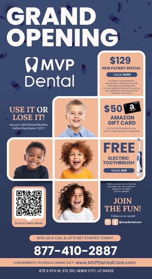 This vibrant and eye-catching promotional postcard celebrates the grand opening of MVP Dental. The background features a dynamic blue color with confetti elements, emphasizing a festive and welcoming atmosphere. Prominently displayed at the top is the MVP Dental logo in white, underscored by the phrase GRAND OPENING in large, bold lettering. The postcard offers several enticing promotions to attract new patients, including a $129 New Patient Special that covers a comprehensive exam, cleaning, and fluoride treatment, valued at $400. There are also exclusive offers like a $50 Amazon Gift Card for the first 50 patients and a FREE Electric Toothbrush valued at $40. The postcard features cheerful portraits of children, enhancing the family-friendly appeal of the dental practice. Additional details include the encouragement to use dental benefits before they expire at the end of the year and a QR code for easy access to more information. Contact details and social media prompts invite further engagement, all set against a structured and color-coordinated layout to ensure easy readability and appeal.