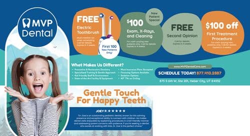 This promotional postcard from MVP Dental is designed to captivate and engage a pediatric audience, featuring a large and animated image of a young girl with wide eyes and pigtails, expressing excitement and surprise. She serves as a central visual element, set against a stylized background that includes gentle blue tones and whimsical illustrations of trees and mountains, suggesting a fun and adventurous dental care environment. The postcard highlights various special offers in vibrant, circular motifs along the right side, including a FREE Electric Toothbrush for the first 100 new patients, a $100 New Patient Special covering an exam, X-rays, and cleaning, and a FREE Second Opinion as well as $100 off First Treatment Procedure for cash-paying new patients. Each offer is clearly detailed with terms and conditions. Additionally, the postcard lists distinctive features that set the clinic apart, such as preventative and restorative dentistry, kid-friendly staff, state-of-the-art facility, and acceptance of most insurance plans, all under the banner Gentle Touch For Happy Teeth. Contact information, including the phone number and website, is prominently displayed at the bottom, ensuring easy access for scheduling appointments.