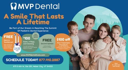 This vibrant and family-oriented postcard from MVP Dental presents a welcoming message A Smile That Lasts A Lifetime against a dynamic blue and teal background that transitions into an illustrated mountain range, symbolizing the pinnacle of pediatric dental care. The postcard features a warm, engaging photo of Dr. John Doe and his family, including two children and a baby, reinforcing the family-friendly nature of the practice. Key promotional offers are highlighted in appealing, circular design elements: a FREE Electric Toothbrush for the first 100 new patients, $100 off First Treatment Procedure for cash-paying new patients, and a $100 New Patient Special which includes an exam, X-rays, and cleaning. Another offer includes a FREE Second Opinion, encouraging patient trust and satisfaction. Each offer is clearly stated with terms and conditions noted beneath. The postcard includes essential contact information at the bottom, including the clinic's address at 875 S 6th W, Ste 201, Heber City, UT 84032, and invites immediate action with a prominent phone number and website URL, making it an effective marketing piece for attracting new patients to the practice.