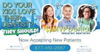 This vibrant and engaging postcard from MVP Dental Pediatric Dentistry is designed to appeal to young families. The headline DO YOUR KIDS LOVE THEIR DENTIST? THEY SHOULD! is prominently displayed in playful, bold lettering against a bright, cityscape background. The left side of the postcard features three animated dental characters: a superhero tooth, a toothpaste, and a toothbrush, all personified with cheerful expressions, enhancing the child-friendly theme. On the right, three smiling children of different ethnicities are pictured, looking happy and content, which emphasizes the positive dental experiences for kids. The girl in the middle is thinking, symbolized by a thought bubble, representing curiosity and positive feelings about dental care. Below the images, the text Now Accepting New Patients invites immediate action, followed by contact information and a website URL for MVP Dental. This design effectively promotes a welcoming, kid-focused dental environment, aiming to reassure and attract parents looking for dental care for their children.