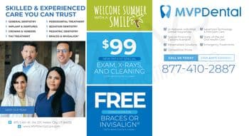 This professional and inviting MVP Dental postcard is designed to attract new patients during the summer season with its cool blue and green color scheme. The left side features a photo of four diverse dental team members — two men and two women, dressed in clinical attire, exuding confidence and warmth, under the bold heading SKILLED & EXPERIENCED CARE YOU CAN TRUST. Below, a comprehensive list of offered services such as general dentistry, implants, crowns, and braces enhances the clinic's appeal. The center of the postcard highlights a $99 New Patient Special for an exam, X-rays, and cleaning, marked clearly with call-for-details and expiry information. Adjacent to this, a FREE Consultation for Braces or Invisalign® offer further entices potential clients. The right side underscores the clinic's commitment to accessibility and high standards with checkmarks next to key attributes like in-network insurance coverage, advanced technology, and personalized care solutions. A call to action invites calls with CALL US TODAY and HABLAMOS ESPAÑOL to cater to Spanish speakers, emphasizing inclusivity. This part of the postcard also reinforces the clinic's location in Heber City, UT, with contact details and website info prominently displayed for easy reference.