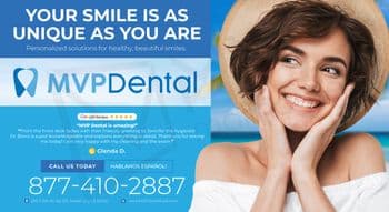 This MVP Dental postcard promotes dental services with a vibrant and welcoming design. The left side of the postcard is adorned with the MVP Dental logo and a captivating headline YOUR SMILE IS AS UNIQUE AS YOU ARE set against a tranquil gradient of blue that evokes a sense of cleanliness and professionalism. The tagline below, Personalized solutions for healthy, beautiful smiles, promises tailored dental care. A prominent Google review from a satisfied customer named Glenda D. praises the service, enhancing the postcard’s appeal. The right side of the postcard features a joyful image of a young woman wearing a summer hat, smiling broadly, her hands gently framing her face, symbolizing the beautiful outcomes possible through MVP Dental's services. Below, a call-to-action invites potential patients to CALL US TODAY with the clinic's phone number prominently displayed, and the additional note HABLAMOS ESPAÑOL caters to Spanish-speaking clients. The postcard’s overall layout combines inviting visuals with informative content to attract new patients to the dental practice.