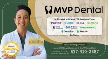 This MVP Dental promotional postcard features a smiling Dr. James Bond, a dentist at MVP Dental, set against a creatively designed background that blends abstract geometric shapes in earth tones. Dr. Bond is portrayed wearing a white lab coat over a light green shirt, radiating a friendly and professional demeanor. The left side of the postcard includes a vibrant sun graphic with text that reads Welcome Summer with a SMILE!, reinforcing the seasonal promotional theme. The right side displays a list of PPO insurance providers like Aetna, Cigna, GEHA, Humana, BlueCross BlueShield, Delta Dental, Guardian, and MetLife, indicating that MVP Dental is in-network with these providers. The design also includes the MVP Dental logo prominently at the top with a clear call to action for scheduling appointments online or via phone, with all relevant contact information provided. This layout effectively combines visual appeal with informative content, targeting new and returning patients looking for comprehensive dental services.