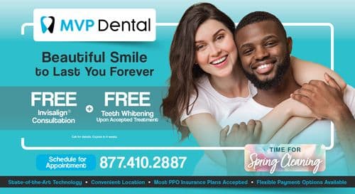 This MVP Dental promotional postcard features a vibrant and inviting design with a focus on dental cosmetics. The postcard showcases a joyous image of a young, multiracial couple smiling broadly; the woman is Caucasian with long dark hair and the man is African American with a neatly groomed beard. The backdrop is a soothing aqua blue, reinforcing a calm and friendly dental care environment. The headline Beautiful Smile to Last You Forever underscores the long-term benefits of their services. The offers include a FREE Invisalign® Consultation and FREE Teeth Whitening Upon Accepted Treatment, clearly aiming to attract new patients looking for cosmetic dental improvements. Contact information is boldly displayed with the phone number 877.410.2887 and prompts to Schedule for Appointment, ensuring easy access for prospective clients. The postcard also lists benefits such as State-of-the-Art Technology, Convenient Location, Most PPO Insurance Plans Accepted, and Flexible Payment Options Available, making it a comprehensive advertisement for dental services.