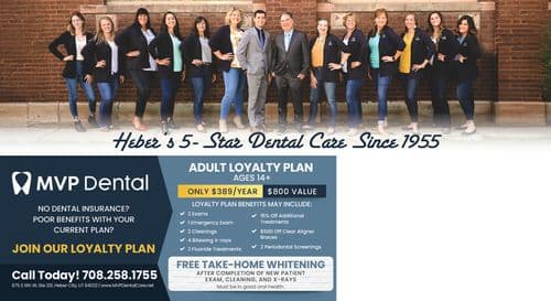 This promotional postcard for MVP Dental showcases a group photo of ten diverse dental team members, including men and women in professional attire, lined up against the backdrop of a brick building, suggesting the clinic's team-focused and professional environment. The headline at the top of the image, Heber's 5-Star Dental Care Since 1955, proudly reflects their long-standing commitment to quality dental care. Prominently displayed below the team photo is information about the Adult Loyalty Plan available for $389 per year, a substantial value given its regular worth of $800, emphasizing affordability and comprehensive dental care services including exams, cleanings, X-rays, and discounts on additional treatments. The plan is specifically tailored for individuals aged 14 and above. The postcard also promotes a Free Take-Home Whitening offer after new patients complete an exam, cleaning, and X-rays, subject to health conditions. Contact information is clearly provided at the bottom, encouraging calls to join their loyalty plan. The design integrates classic and clean elements, making the information accessible and appealing to potential patients.