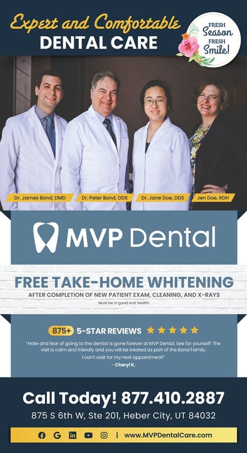 This vertical promotional postcard for MVP Dental features a group photograph of four dental professionals at the top, including Dr. James Bond, DMD, Dr. Peter Bond, DDS, Dr. Jane Doe, DDS, and Jen Doe, RDH, all smiling confidently in front of their clinic, conveying a message of expertise and comfort in dental care. The headline above the image, Expert and Comfortable DENTAL CARE, and the seasonal tag Fresh Season Fresh Smile! underscore the clinic's commitment to providing top-notch dental services. Below the photo, the postcard details a special offer: FREE Take-Home Whitening available after completing a new patient exam, cleaning, and X-rays, noting the requirement of being in good oral health. The clinic's contact information is boldly displayed at the bottom along with their address and website. The design incorporates MVP Dental's logo and contact details clearly and attractively, making it easy for potential patients to reach out. The background uses a simple white brick texture adding a clean and modern aesthetic to the overall layout.