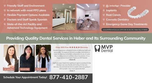 This postcard from MVP Dental showcases its commitment to providing quality dental services in Heber and its surrounding communities. The left side of the postcard features a list of key attributes of the practice including a friendly staff and environment, flexibility in payment options, and the use of advanced technology equipment, all set against a beige background. Below this list, there are headshots of three smiling female dentists, labeled as Dr. Jane Doe, Dr. Jen Doe, and Dr. Jayn Doe. The central section of the postcard offers a glimpse inside the dental office, displaying a modern reception desk and a state-of-the-art dental treatment room, each depicted in high-resolution images that emphasize a clean and professional environment. The right section highlights the services offered such as Invisalign, implants, and cosmetic dentistry, accompanied by icons and brief descriptions. It also includes a positive patient review from Diana B., praising the comfortable and personal experience at the clinic. The bottom of the postcard provides contact information, a call to action to schedule an appointment, and the practice's website URL, all aimed at inviting new patients to the clinic. The overall design and content of the postcard effectively communicate the comprehensive and compassionate dental care offered by MVP Dental.