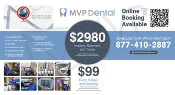 This comprehensive and professionally designed postcard for MVP Dental showcases an array of services and special offers. The left side of the postcard features a detailed map pinpointing the dental office's location at 875 S 600 W, Suite 201, Heber City, UT 84032, highlighted with a red map pin over a minimalistic street map. A list of services including General Dentistry, Wisdom Teeth Extractions, and Implants is presented with checkmarks, emphasizing the variety of dental care available. The central portion prominently displays a special offer: $2980 for Implant, Abutment, and Crown, indicating it is valid for the first implant and requires mentioning the postcard at booking. Additional images display dental equipment and patient interactions, reflecting the state-of-the-art technology and patient care MVP Dental offers. The right side of the postcard includes another fantastic offer, $99 for Exam, X-Rays, & Cleaning, specifically for new patients. The postcard's design is clean and modern, using shades of blue and white to create a professional and inviting appearance, complete with the practice's contact information and a QR code for easy online booking.