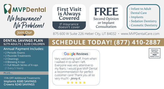 Advertisement for MVP Dental featuring their Dental Savings Plan with annual benefits, including exams and treatments. Promotional text highlights 'No Insurance? No Problem! and offers for first visit coverage and free consultations.